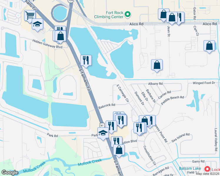 map of restaurants, bars, coffee shops, grocery stores, and more near 17373-5 West Carnegie Circle in Fort Myers