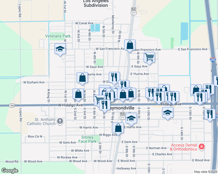 map of restaurants, bars, coffee shops, grocery stores, and more near 300-398 West Raymond Avenue in Raymondville