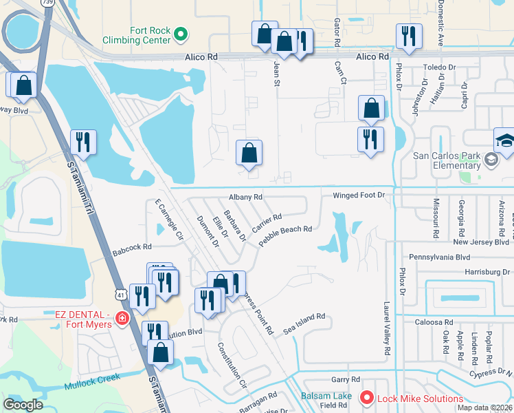 map of restaurants, bars, coffee shops, grocery stores, and more near 17394 Ithaca Drive in Fort Myers