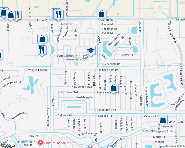 map of restaurants, bars, coffee shops, grocery stores, and more near 17392 Lee Road in Fort Myers