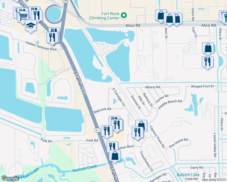 map of restaurants, bars, coffee shops, grocery stores, and more near 17362 East Carnegie Circle in Fort Myers