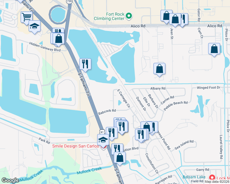 map of restaurants, bars, coffee shops, grocery stores, and more near 17365 West Carnegie Circle in Fort Myers