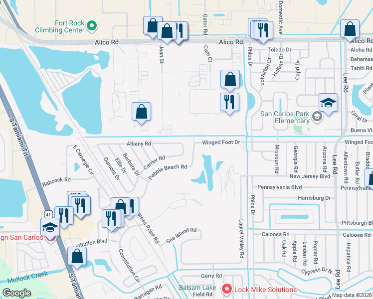 map of restaurants, bars, coffee shops, grocery stores, and more near 7493 Pebble Beach Road in Fort Myers