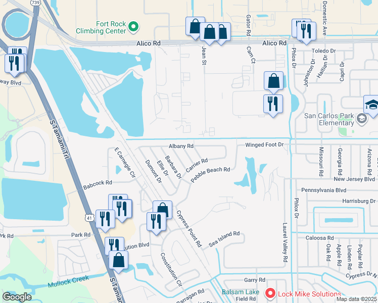 map of restaurants, bars, coffee shops, grocery stores, and more near 17383 Cleveland Drive in Fort Myers