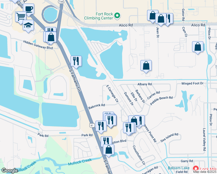 map of restaurants, bars, coffee shops, grocery stores, and more near 17373-5 West Carnegie Circle in Fort Myers