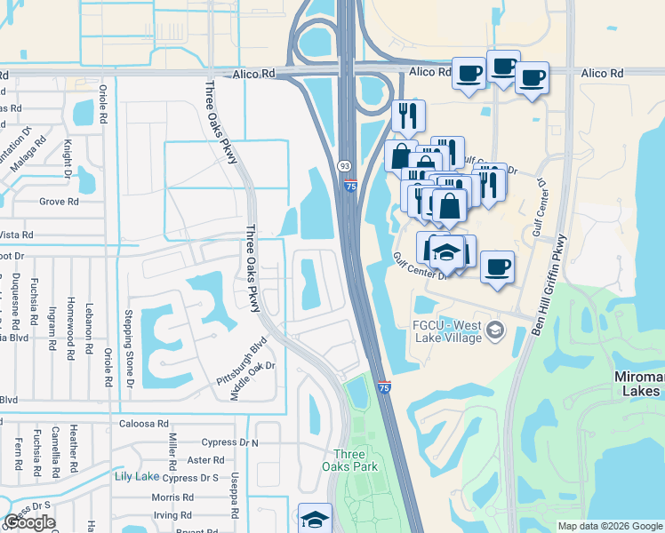 map of restaurants, bars, coffee shops, grocery stores, and more near 9640 Roundstone Circle in Fort Myers