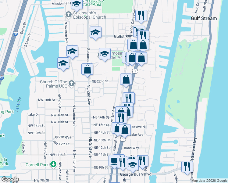 map of restaurants, bars, coffee shops, grocery stores, and more near 2001 Northeast 3rd Avenue in Delray Beach
