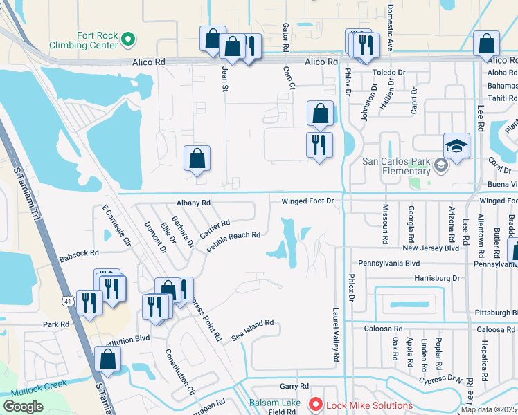 map of restaurants, bars, coffee shops, grocery stores, and more near 7493 Pebble Beach Road in Fort Myers
