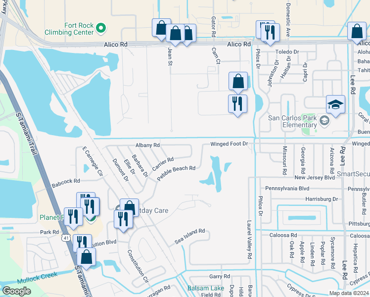 map of restaurants, bars, coffee shops, grocery stores, and more near 7561-7565 Carrier Road in Fort Myers