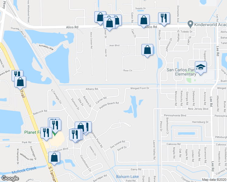 map of restaurants, bars, coffee shops, grocery stores, and more near 7561-7565 Carrier Road in Fort Myers