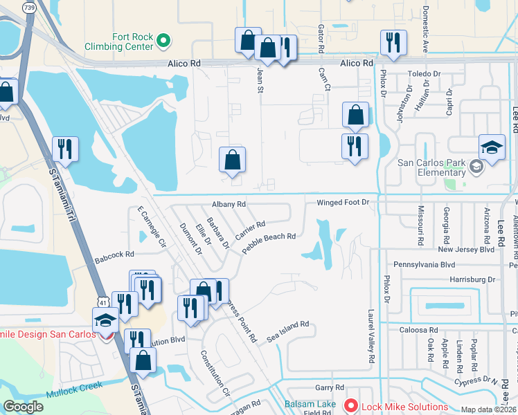 map of restaurants, bars, coffee shops, grocery stores, and more near 17394 Ithaca Drive in Fort Myers