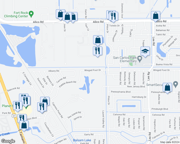 map of restaurants, bars, coffee shops, grocery stores, and more near 7570 Winged Foot Drive in Fort Myers