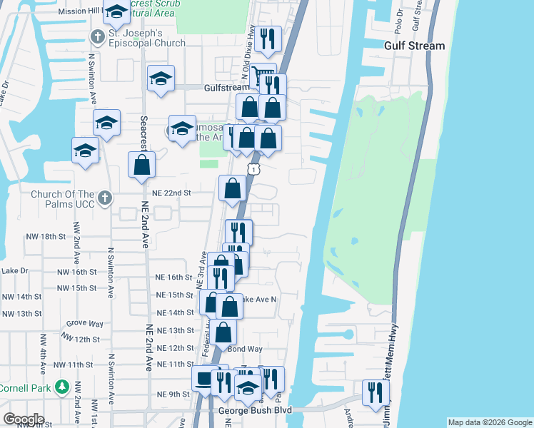 map of restaurants, bars, coffee shops, grocery stores, and more near 2001 North Federal Highway in Delray Beach