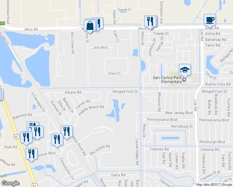 map of restaurants, bars, coffee shops, grocery stores, and more near 7570 Winged Foot Drive in Fort Myers