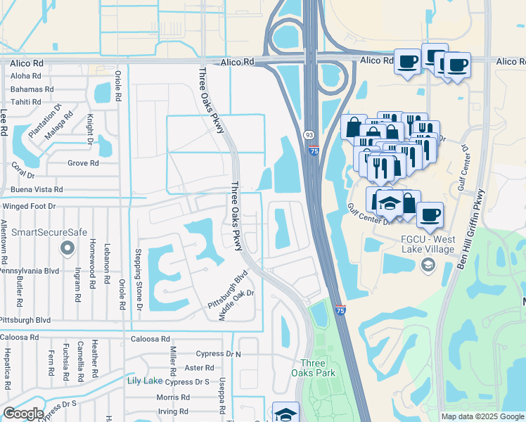 map of restaurants, bars, coffee shops, grocery stores, and more near 9757 Roundstone Circle in Fort Myers