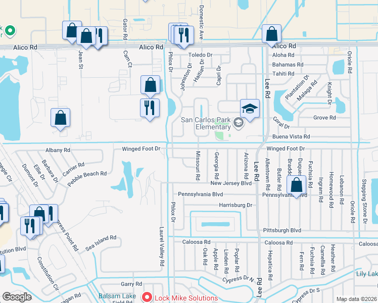 map of restaurants, bars, coffee shops, grocery stores, and more near 8064 Winged Foot Drive in Fort Myers