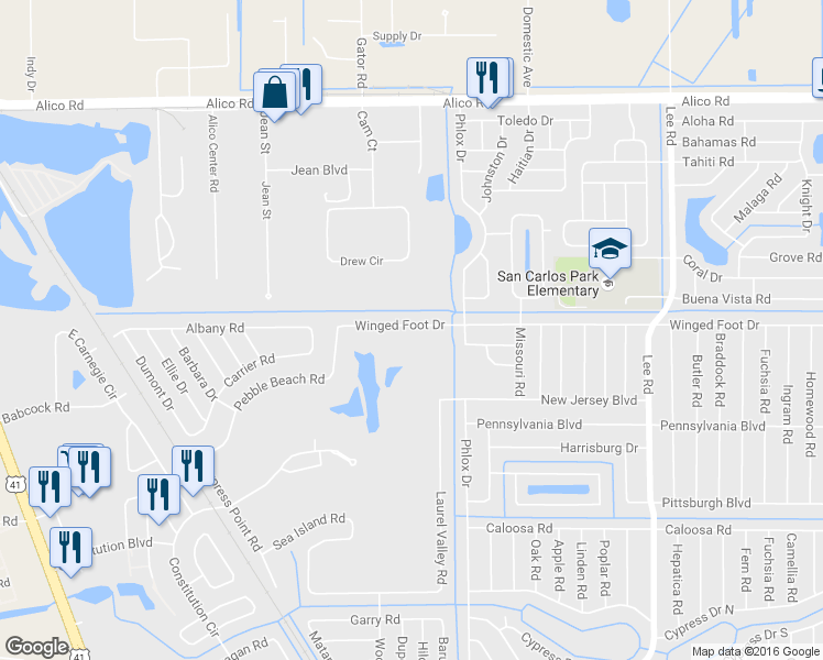 map of restaurants, bars, coffee shops, grocery stores, and more near 7618 Winged Foot Drive in Fort Myers