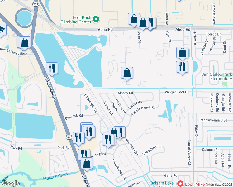 map of restaurants, bars, coffee shops, grocery stores, and more near 17384 Barbara Drive in Fort Myers