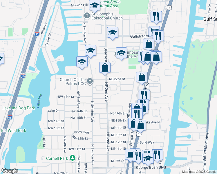 map of restaurants, bars, coffee shops, grocery stores, and more near 203 North Seacrest Circle in Delray Beach