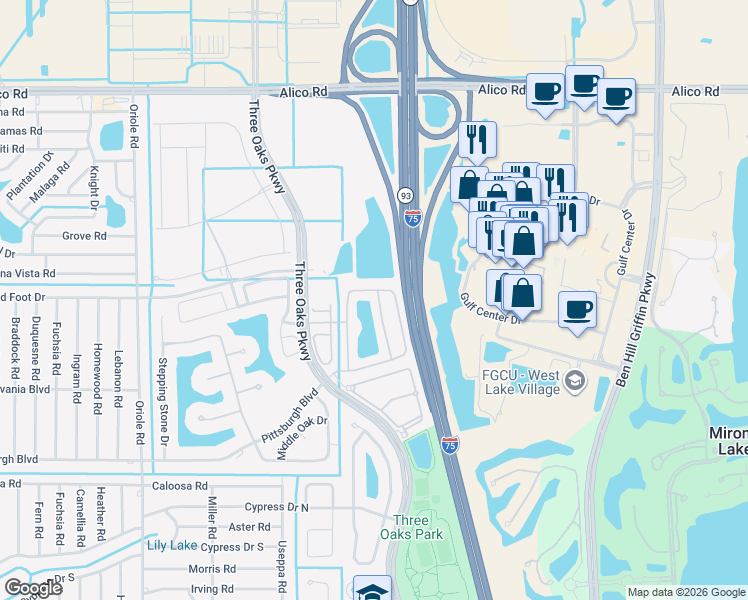 map of restaurants, bars, coffee shops, grocery stores, and more near 9717 Roundstone Circle in Fort Myers