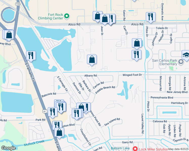 map of restaurants, bars, coffee shops, grocery stores, and more near 7311 Albany Road in Fort Myers