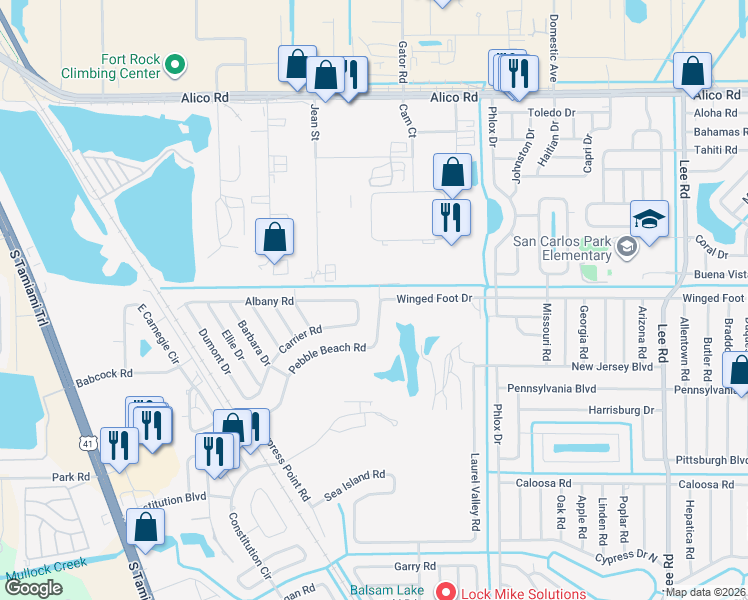 map of restaurants, bars, coffee shops, grocery stores, and more near 7521 Pebble Beach Road in Fort Myers