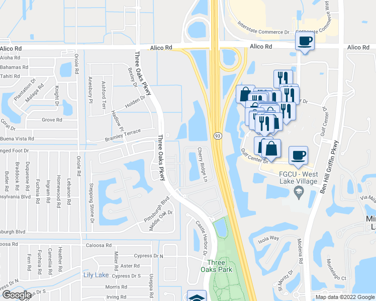 map of restaurants, bars, coffee shops, grocery stores, and more near 9726 Roundstone Circle in Fort Myers