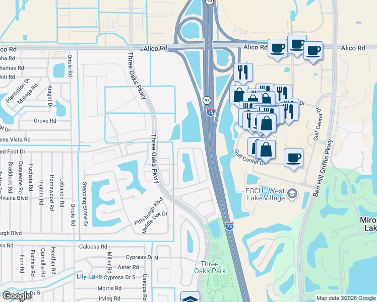 map of restaurants, bars, coffee shops, grocery stores, and more near 9717 Roundstone Circle in Fort Myers