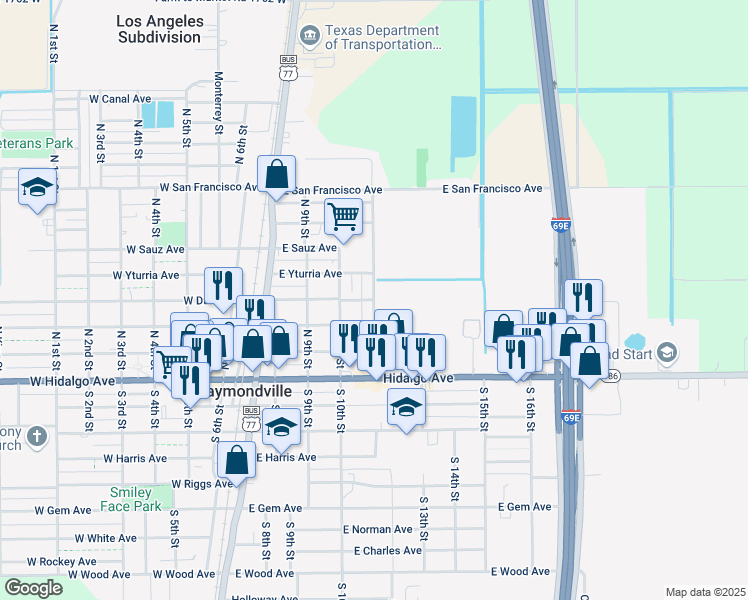 map of restaurants, bars, coffee shops, grocery stores, and more near 401 North 11th Street in Raymondville