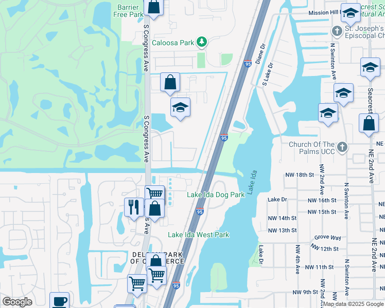 map of restaurants, bars, coffee shops, grocery stores, and more near 225 Lake Monterey Circle in Boynton Beach