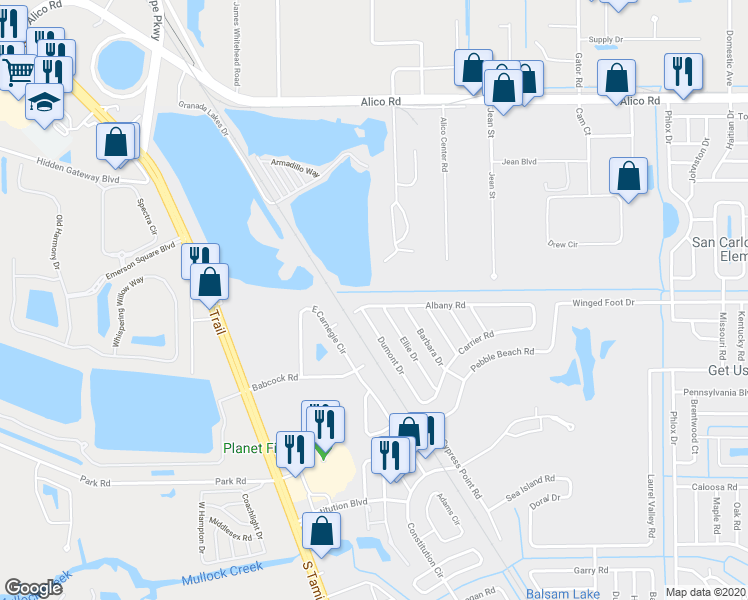map of restaurants, bars, coffee shops, grocery stores, and more near 7193 Albany Road in Fort Myers