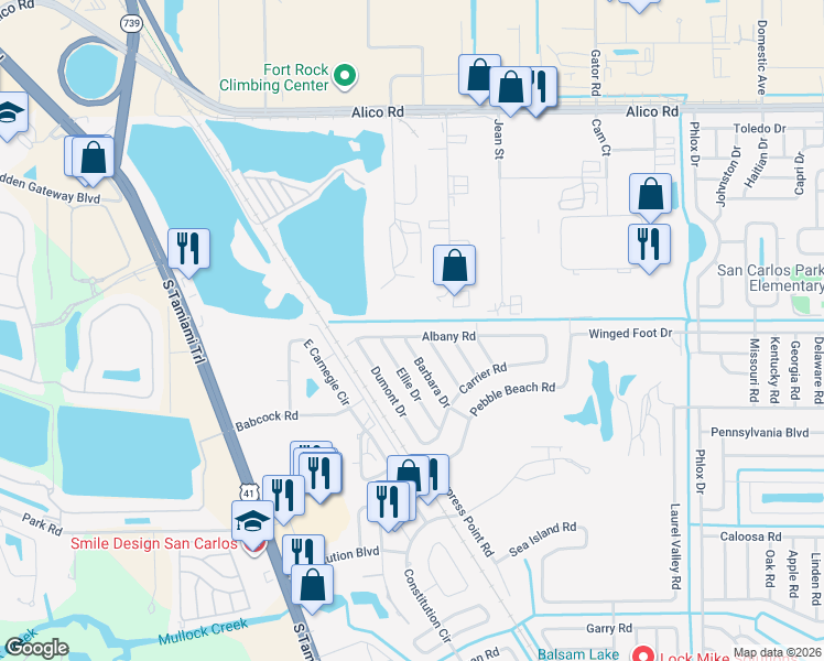 map of restaurants, bars, coffee shops, grocery stores, and more near 7257 Albany Road in Fort Myers
