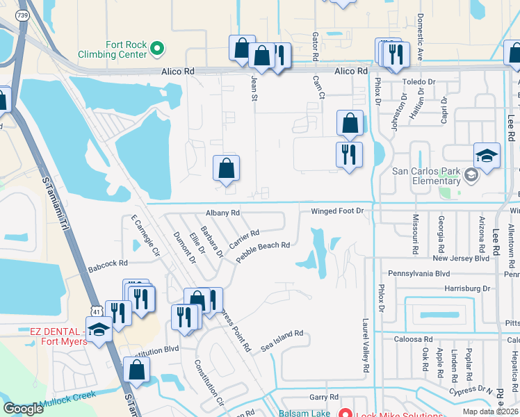 map of restaurants, bars, coffee shops, grocery stores, and more near 17471 Jean Street in Fort Myers