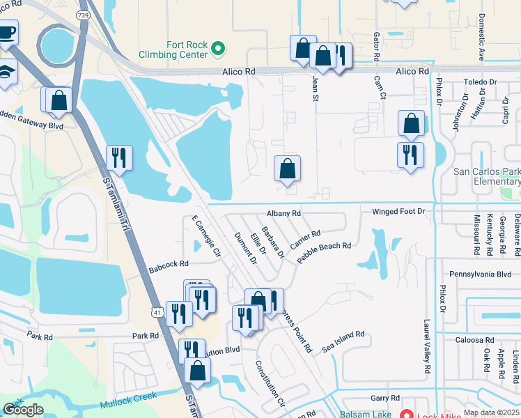 map of restaurants, bars, coffee shops, grocery stores, and more near 7257 Albany Road in Fort Myers