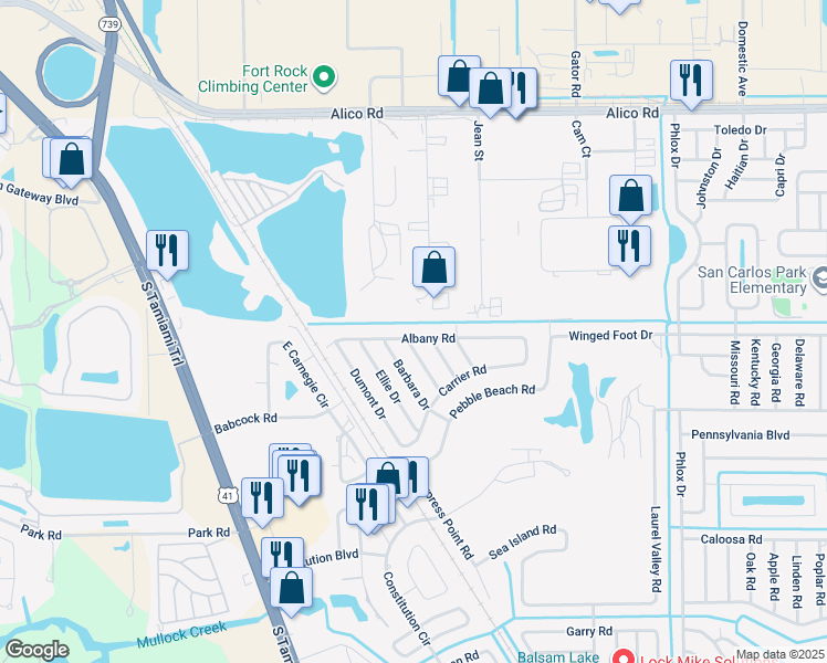 map of restaurants, bars, coffee shops, grocery stores, and more near 7295 Albany Road in Fort Myers