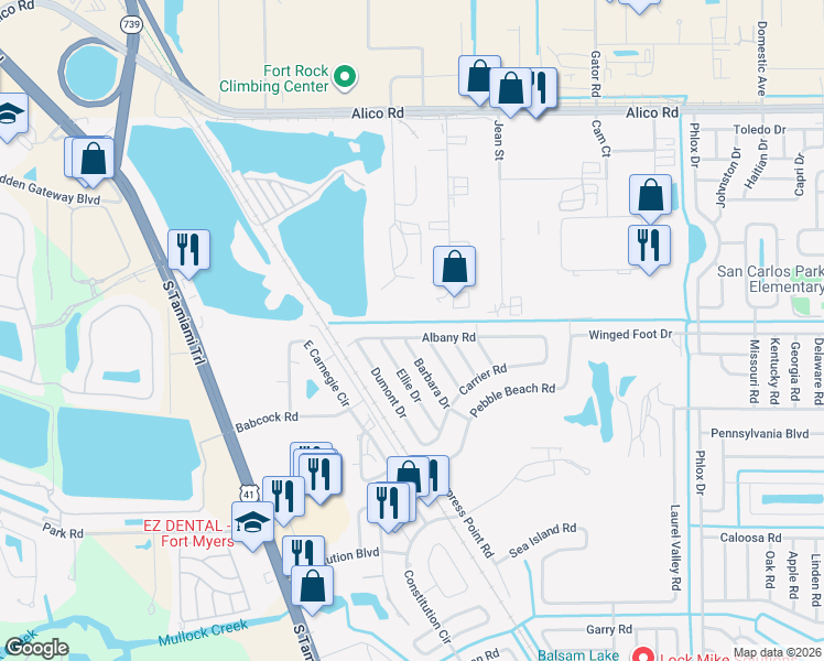 map of restaurants, bars, coffee shops, grocery stores, and more near 7257 Albany Road in Fort Myers