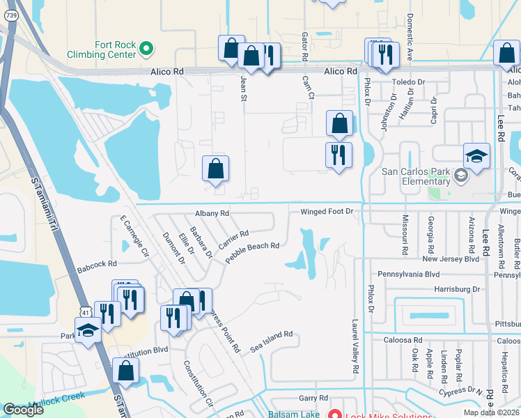 map of restaurants, bars, coffee shops, grocery stores, and more near 7417 Albany Road in Fort Myers