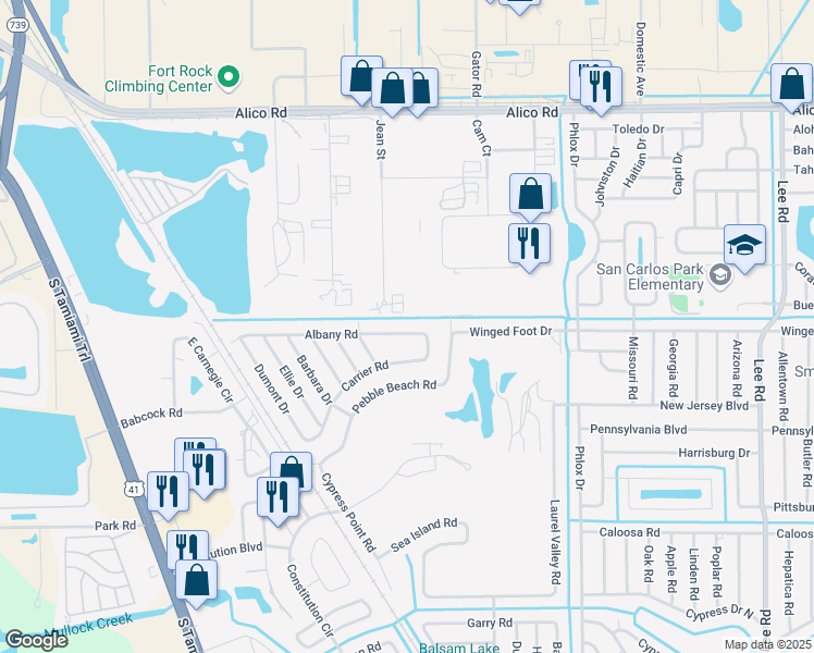 map of restaurants, bars, coffee shops, grocery stores, and more near 7413 Albany Road in Fort Myers