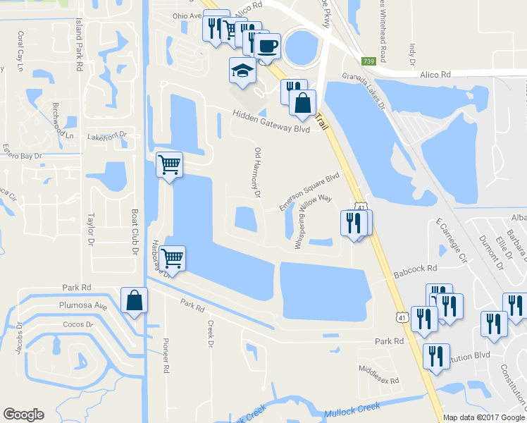 map of restaurants, bars, coffee shops, grocery stores, and more near 17502 Old Harmony Drive in Fort Myers