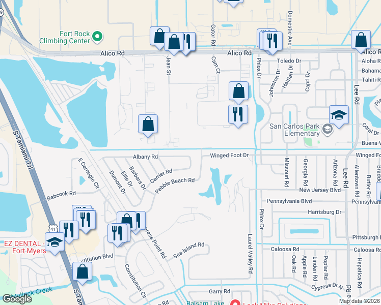map of restaurants, bars, coffee shops, grocery stores, and more near 7447 Albany Road in Fort Myers
