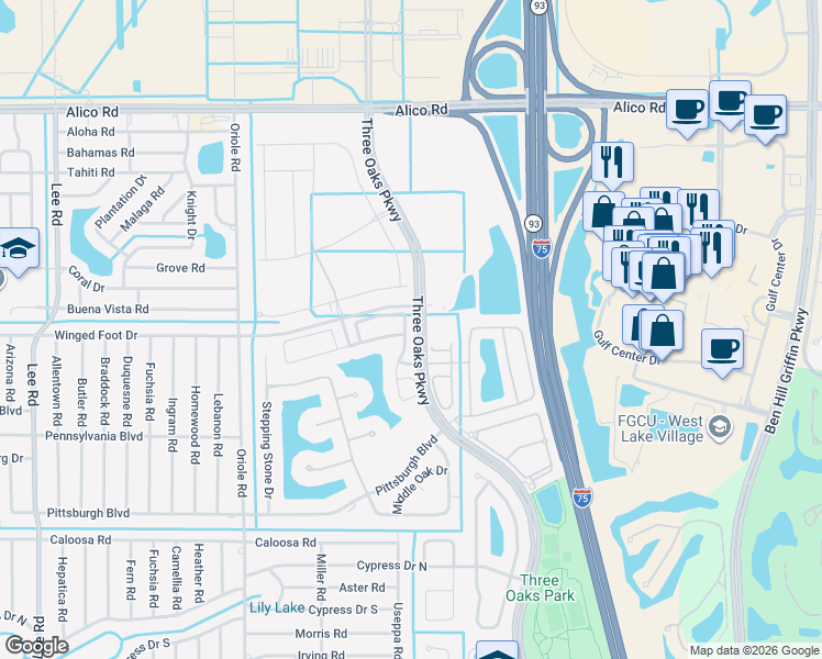 map of restaurants, bars, coffee shops, grocery stores, and more near 17509 Holly Oak Avenue in Fort Myers
