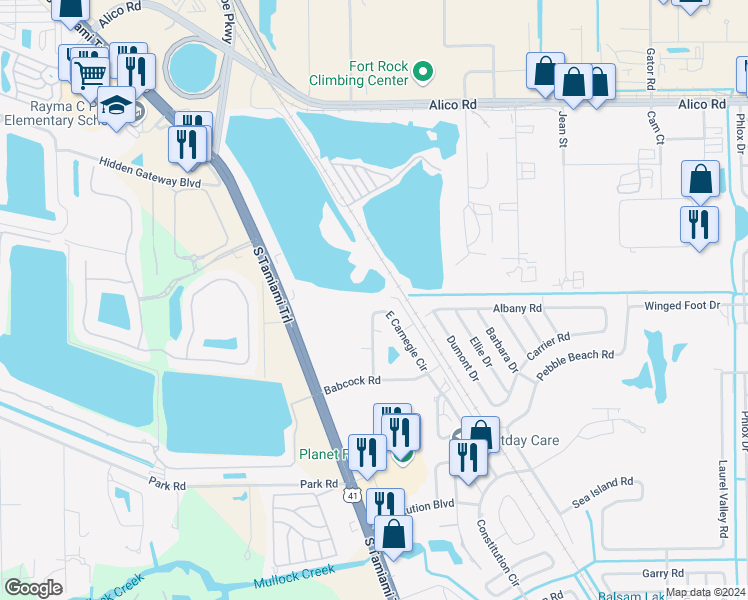 map of restaurants, bars, coffee shops, grocery stores, and more near C Lakeside Avenue in Fort Myers
