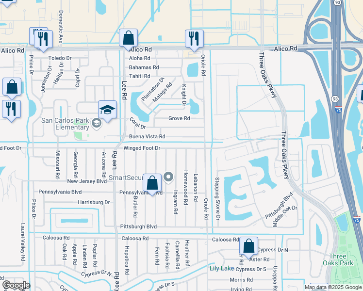 map of restaurants, bars, coffee shops, grocery stores, and more near 8445 Winged Foot Drive in Fort Myers