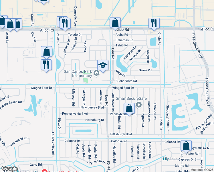 map of restaurants, bars, coffee shops, grocery stores, and more near 8249 Winged Foot Drive in Fort Myers