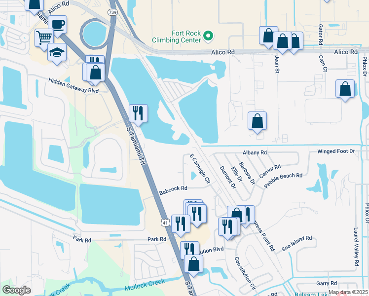 map of restaurants, bars, coffee shops, grocery stores, and more near C Lakeside Avenue in Fort Myers