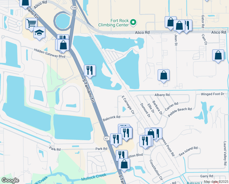 map of restaurants, bars, coffee shops, grocery stores, and more near 17340 West Carnegie Circle in Fort Myers