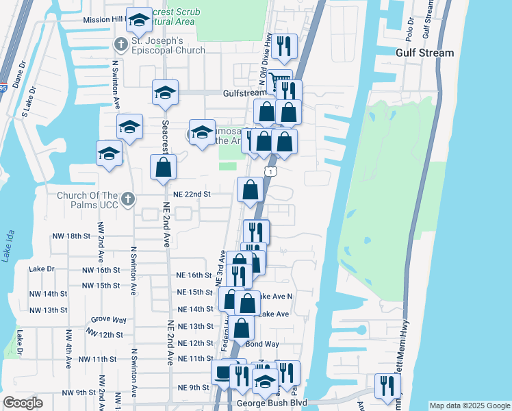map of restaurants, bars, coffee shops, grocery stores, and more near 2100 North Federal Highway in Delray Beach