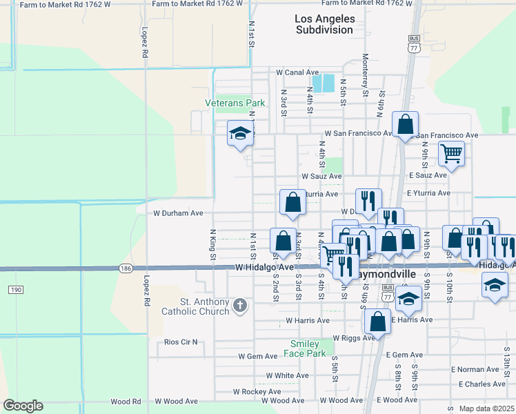 map of restaurants, bars, coffee shops, grocery stores, and more near 400-498 North 1st Street in Raymondville