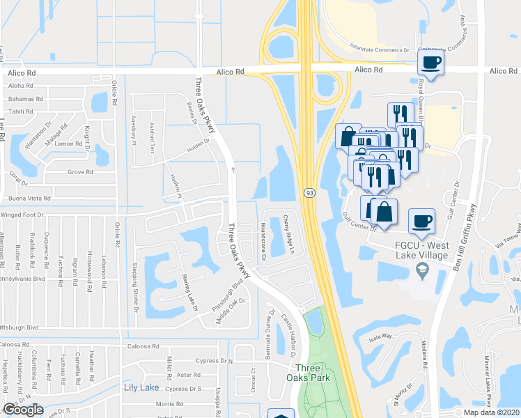 map of restaurants, bars, coffee shops, grocery stores, and more near 9739 Roundstone Circle in Fort Myers