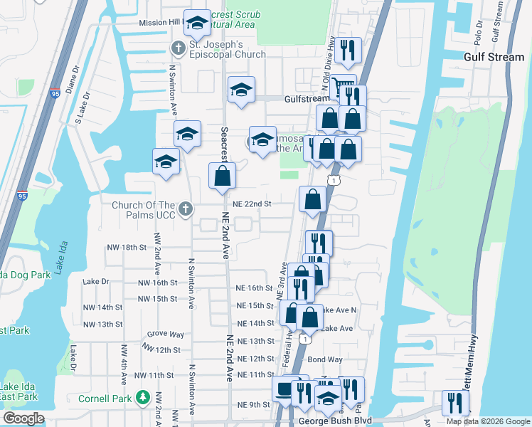 map of restaurants, bars, coffee shops, grocery stores, and more near 246 Northeast 22nd Street in Delray Beach
